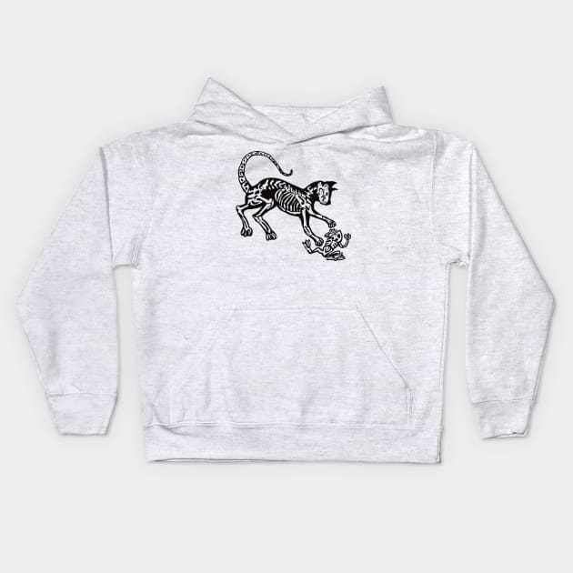 Cat’s skeleton chasing a frog Kids Hoodie by Shadoodles